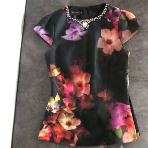 Ted Baker floral top w/ rhinestone neck detail.